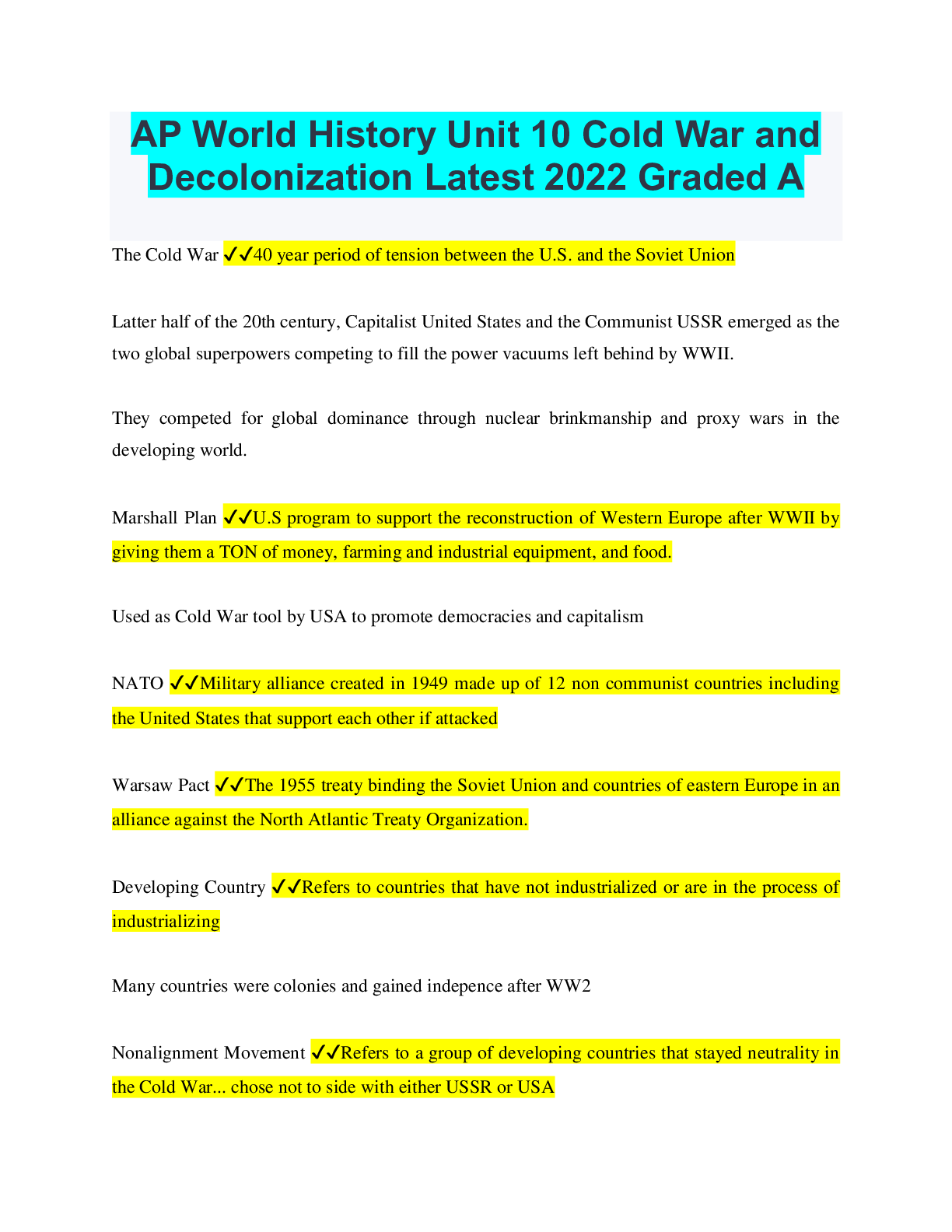 Preview of AP World History Unit 10 Cold War and Decolonization Latest 2022 Graded A